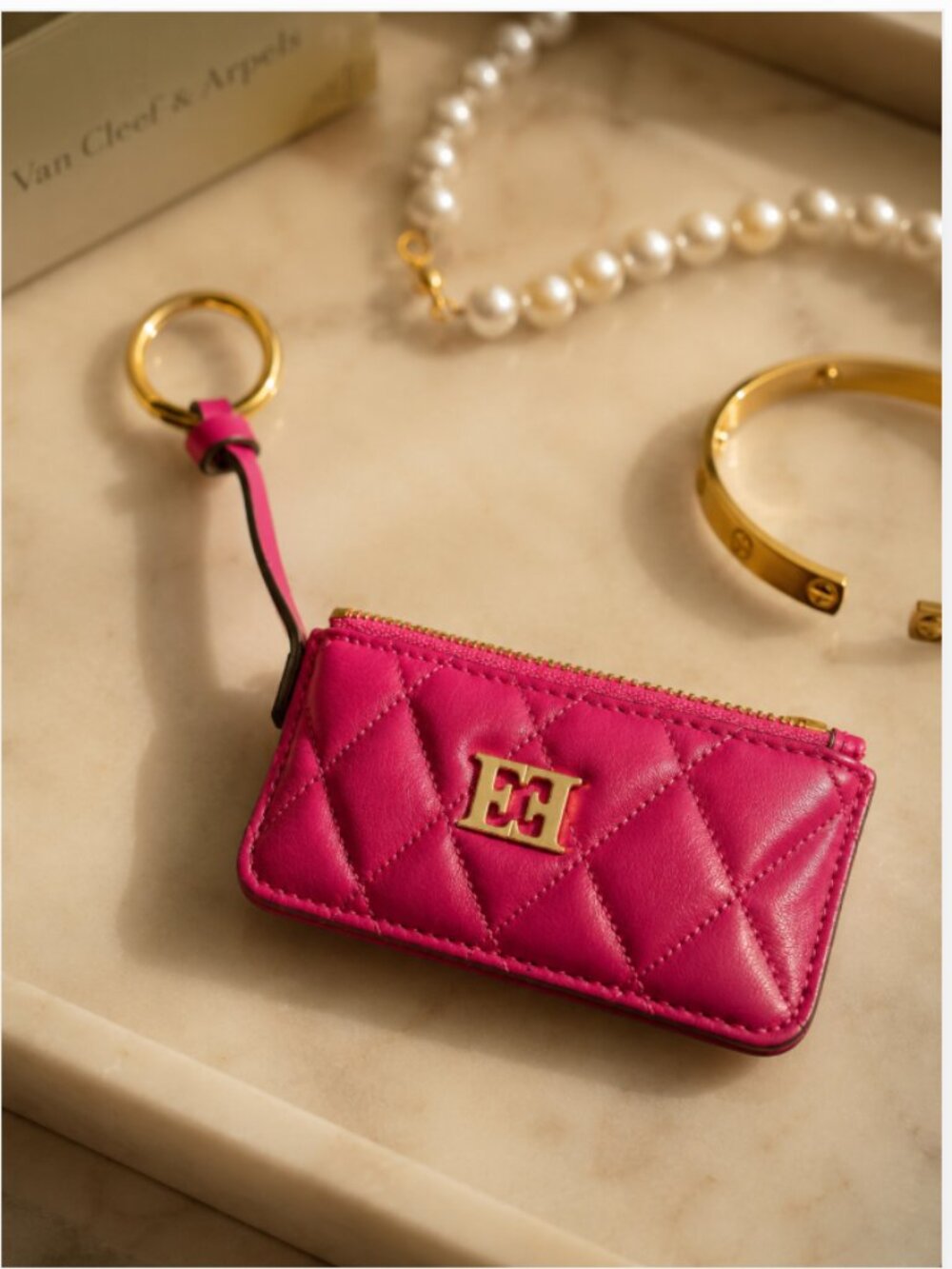 Escada Pink Quilted Leather Key Holder Coin Purse Card Case w/ Dust Bag Rare